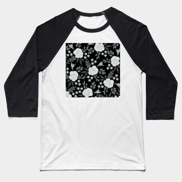 Black White Roses Watercolor Painting Baseball T-Shirt by NdesignTrend
